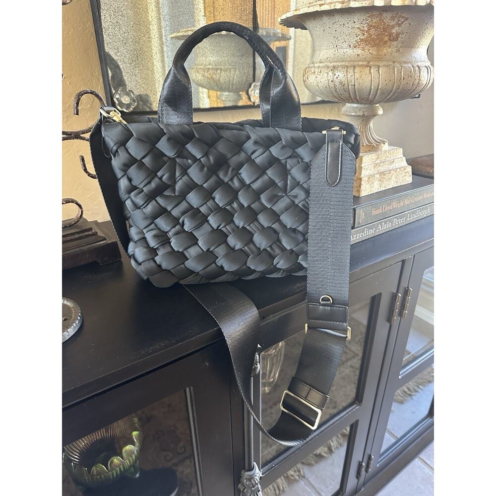 BCBG Small Neoprene Woven Tote Handbag Crossbody BLACK $178.00